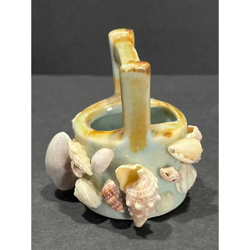 Vintage Miniature Shell Encrusted Ceramic Basket Coastal Beach Decor Trinket Cup